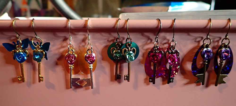 Tiny Key Earrings with Sequins and Metal Rosettes picture