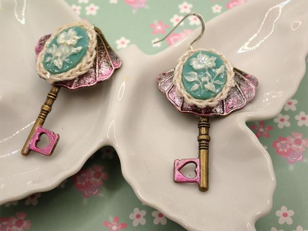Blue &amp; Pink Rose Cameo Crochet Details Bronze Key Earrings | Antique, Vintage-Inspired Jewelry