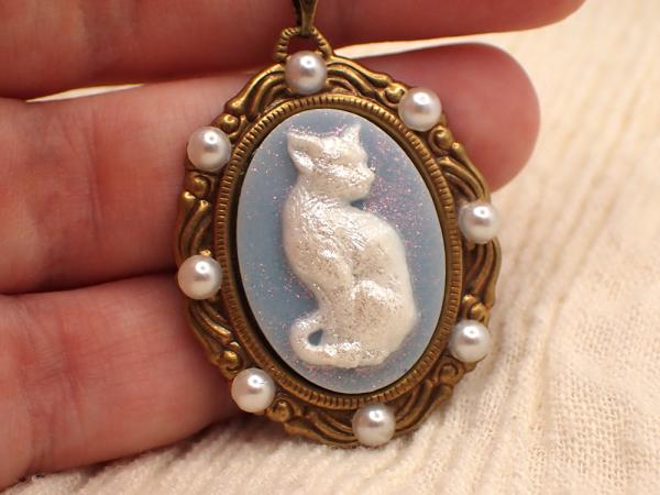 White and Blue Cat Cameo Bronze Necklace with Pearl Cabochons | Cat Lover Fancy Victorian, Antique, Vintage-Inspired Jewelry