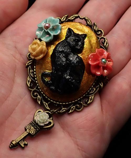 Black Cat with Flowers and Key Brooch