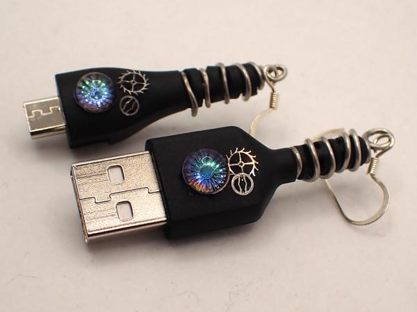 Upcycled Mismatched USB Earrings with Cogs and Gem Cabochons picture