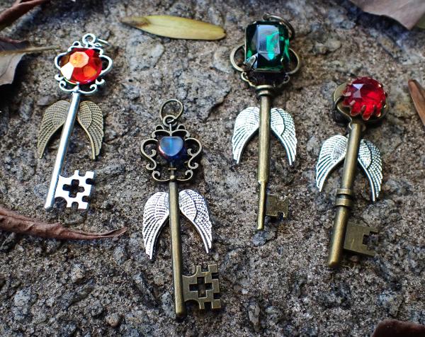 Flying Key Pendants with Gems Steampunk Necklaces | Harry Potter Fancy Victorian Vintage-Inspired Jewelry