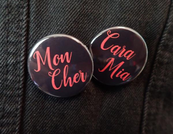 Cara Mia & Mon Cher Couples Addam's Family button 2-pack | Halloween Couples' Gift