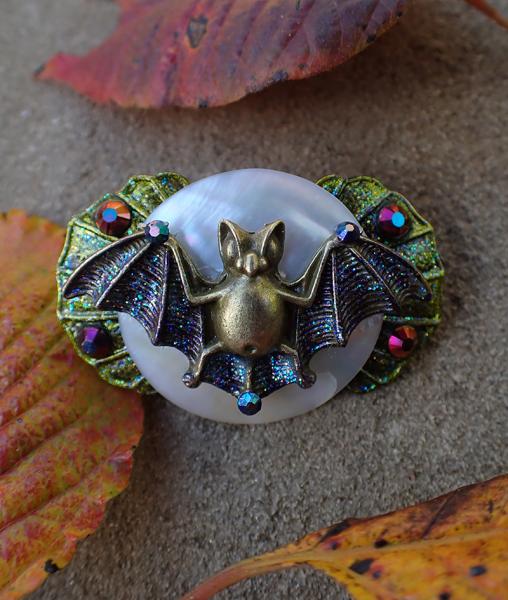 Bronze Bejeweled Bat Flying in front of the Moon Hair Clip | Halloween Fancy Victorian Autumn Jewelry
