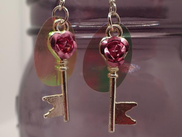 Tiny Key Earrings with Sequins and Metal Rosettes picture
