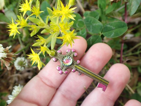 Bronze, Pink and Green Iridescent Key Brooch