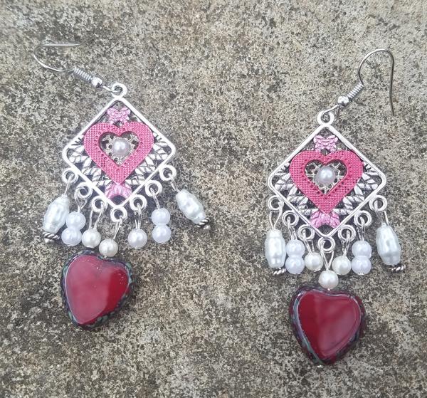 Red Heart & Pearl Bead Silvery Dangly Chandelier Earrings