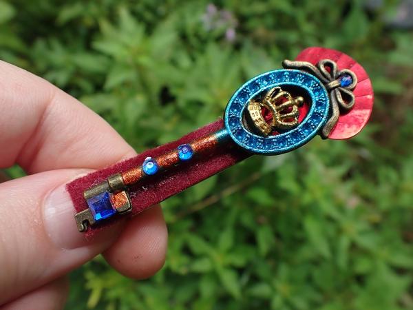 Blue and Red Bronze Crown Key Victorian-Style OOAK Hair Clip | Vintage, Antique, Steampunk Costume Accessory