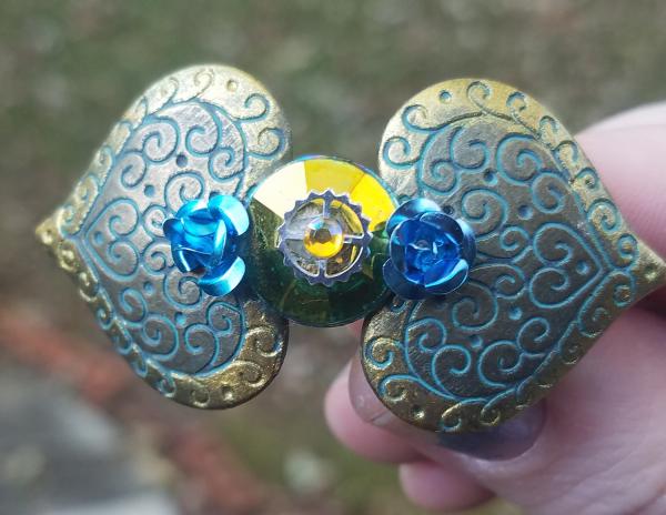 Verdigris Bronze Hearts & Gem, Blue Metal Flowers, Watch Gear Steampunk Hair Clip picture