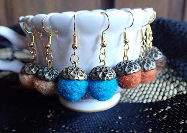 Handmade Felted Wool and Bronze Cap Acorn Earrings | Fall Colors, Fiber Art, Autumn Jewelry