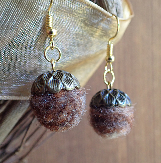 Handmade Felted Wool and Bronze Cap Acorn Earrings picture