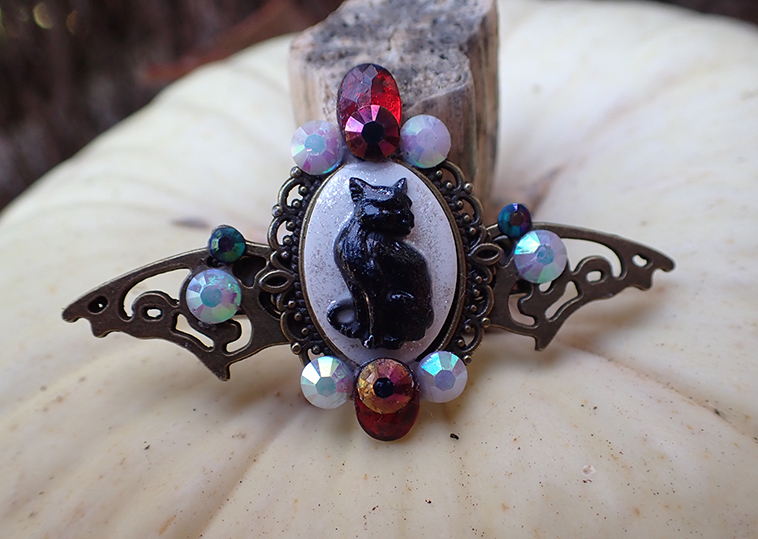 Bejeweled Cat Cameo on Bronze Filigree Bat Wings Halloween Hair Clip