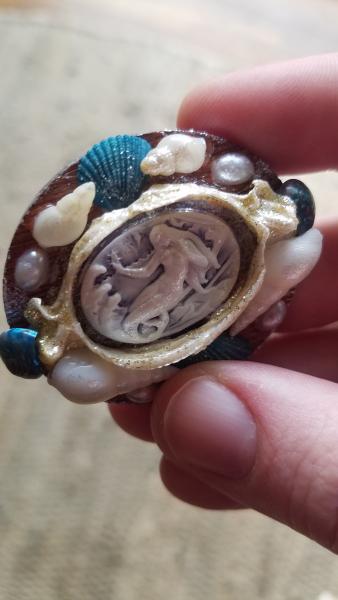 The Siren: Mermaid Cameo inside Shark Jaw with Real Dyed Shells Brooch picture