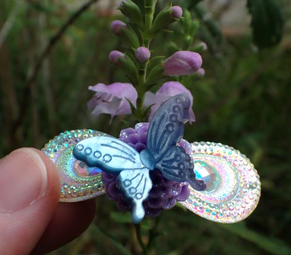 Purple & Blue Flower Holographic Peacock Feather Hair Clips picture