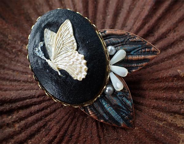 Black &amp; Offwhite Butterfly Cameo, Copper Leaves with Pearls Victorian OOAK Brooch/Pin | Vintage, Antique, Steampunk Costume Accessory