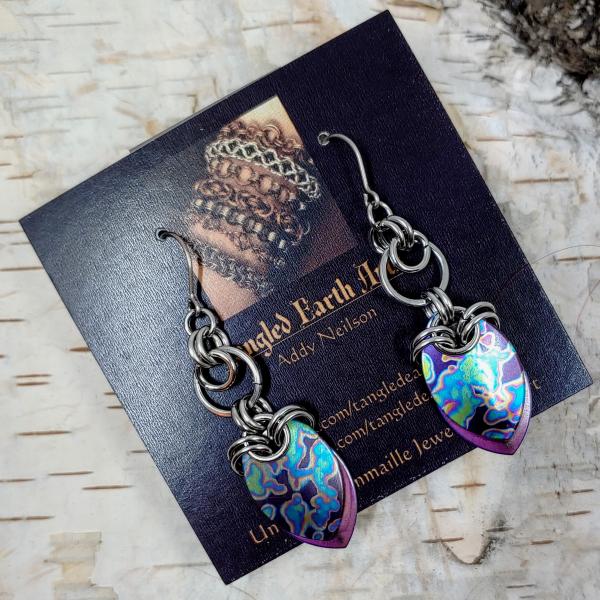 Mottled Rainbow and Purple Titanium Scale Earrings