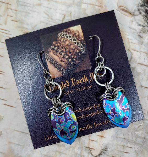 Mottled Rainbow and Blue Titanium Scale Earrings picture