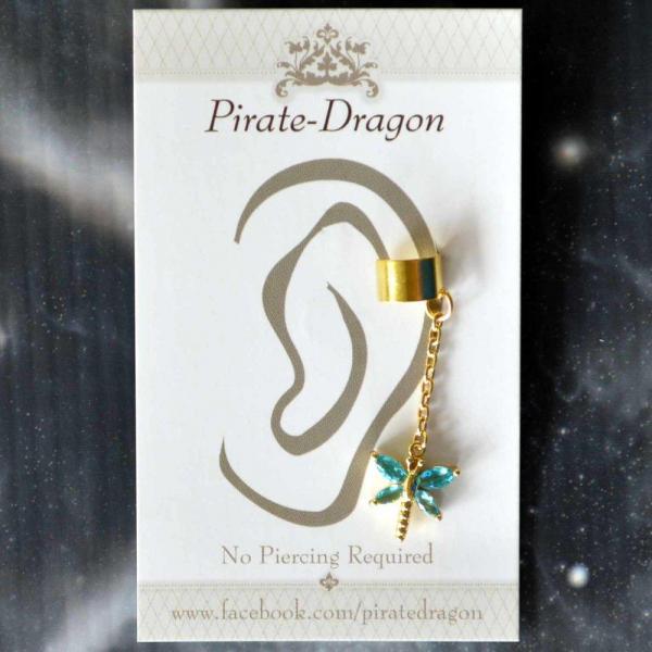 Blue Gem Dragonfly on Chain Non-Pierced Ear Cuff (EC9110)