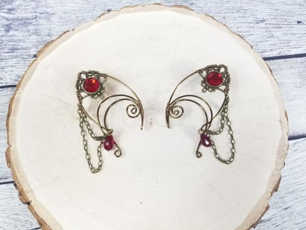 Antique Bronze Jeweled Elven Ear Cuffs, red