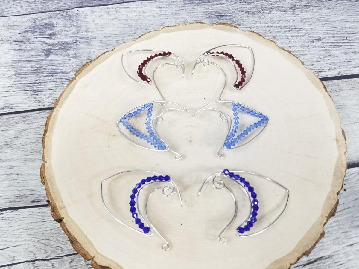 Elven Ear Cuffs, small silver elf ears, dark blue picture