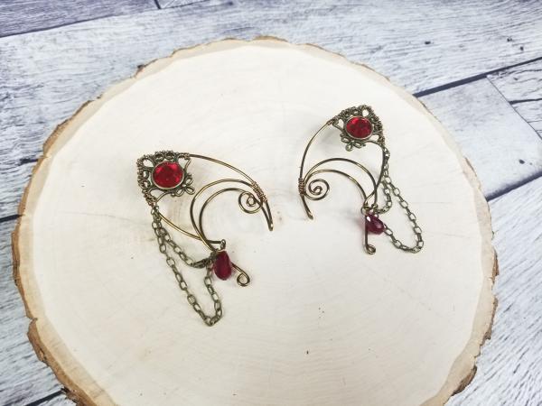 Antique Bronze Jeweled Elven Ear Cuffs, red picture