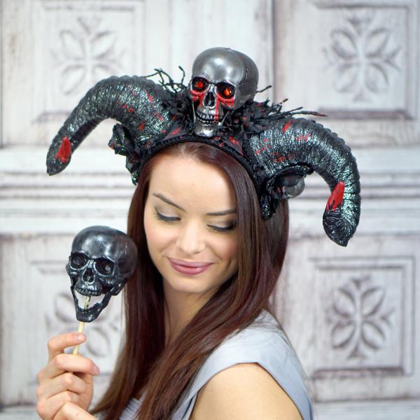 Premium Horned Headdress, black horns and skull Headpiece picture