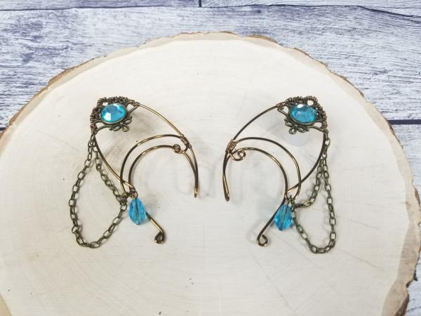 Elf Ear Cuffs, antique bronze cuffs in light blue picture