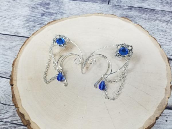 Elf Ear Cuffs, Jeweled Silver Cuffs in blue picture