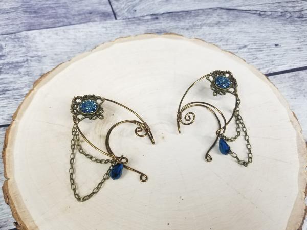 Elf Ear Cuffs, Antique Bronze Jeweled Cuffs, ink blue