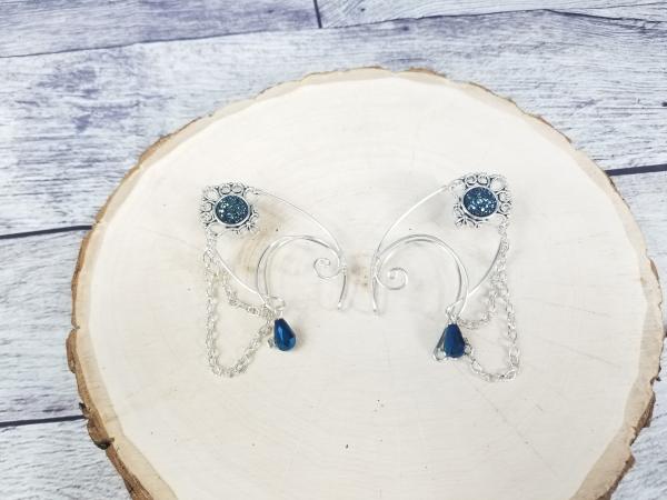 Elf Ear Cuffs, Silver Jeweled Cuffs in ink blue picture