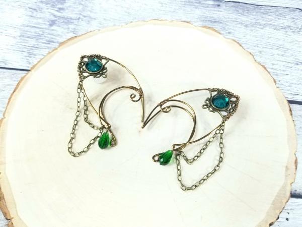 Elven Ear cuffs, Antique Bronze pendant and chain cuffs, green