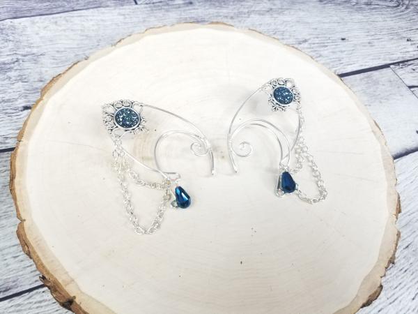 Elf Ear Cuffs, Silver Jeweled Cuffs in ink blue picture