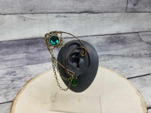Elven Ear cuffs, Antique Bronze pendant and chain cuffs, green picture