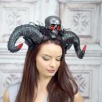 Premium Horned Headdress, black horns and skull Headpiece
