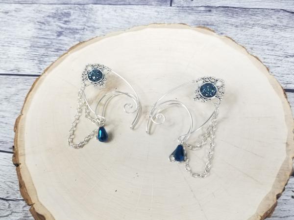 Elf Ear Cuffs, Silver Jeweled Cuffs in ink blue picture