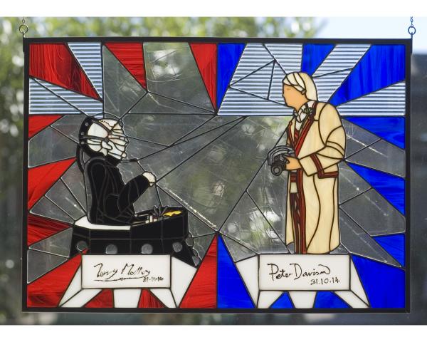 ORIGINAL AUTOGRAPHS - Peter Davison and Terry Malloy 5th Doctor & Davros Stained Glass Panel