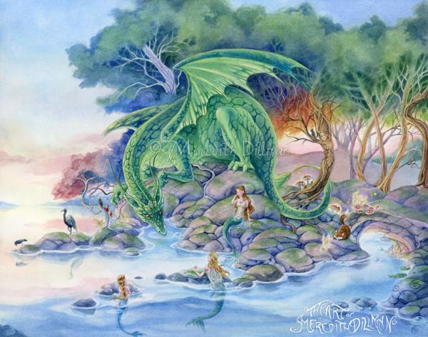 Dragon and Mermaids 8x10 print - Air and Sea