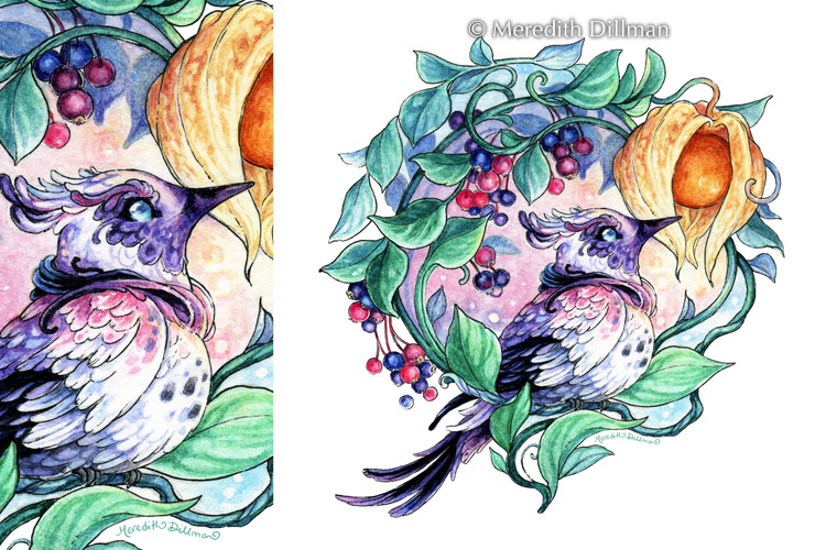 Purple Spirit Bird with Berries 5x5 print