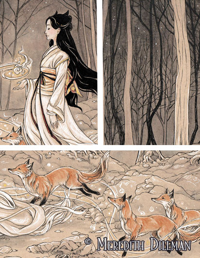 11x17 print - Kitsune Procession of foxes picture