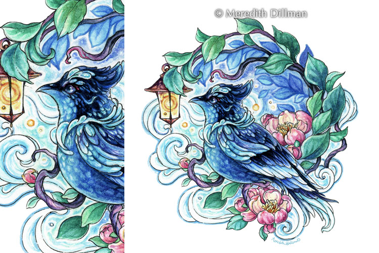 Blue Spirit Bird with Blossoms 5x5 print