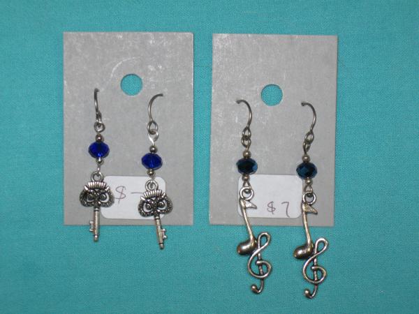 charm earring 3-owl key, music, clock, celtic triangle picture