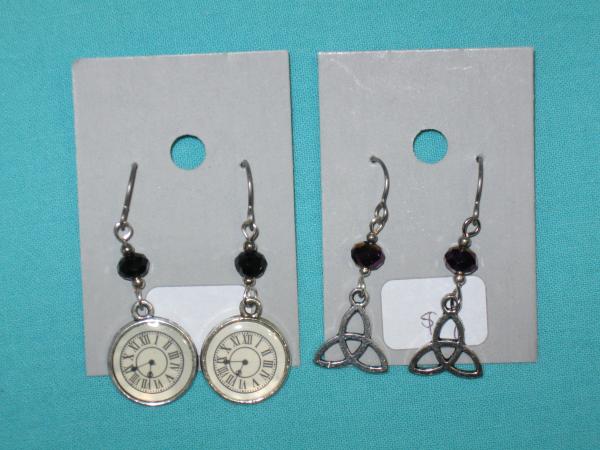 charm earring 3-owl key, music, clock, celtic triangle picture
