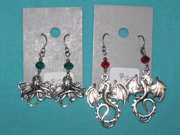 charm earring 4-octopus, large dragon, squid, small dragon