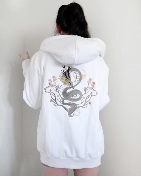 Year of Dragon 100% Cotton White Embroidered Hoodie picture