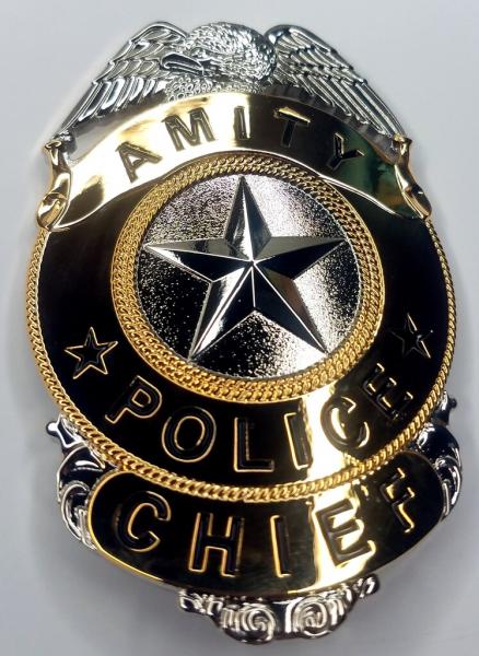 AMITY Police Chief Prop Replica Badge from the Movie JAWS w/Holder picture