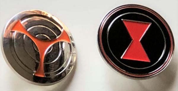 BLACK WIDOW Logo & TASKMASTER'S Shield - Marvel Comics and Movie Series - Metal Enamel Lapel Pin Set of 2 picture