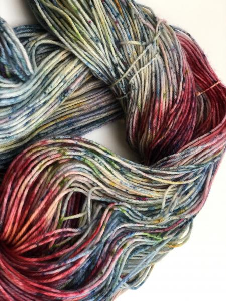 Hand Dyed Superwash  Merino Sock yarn, blue, red, purple, green, yellow with speckles. Ready to ship picture