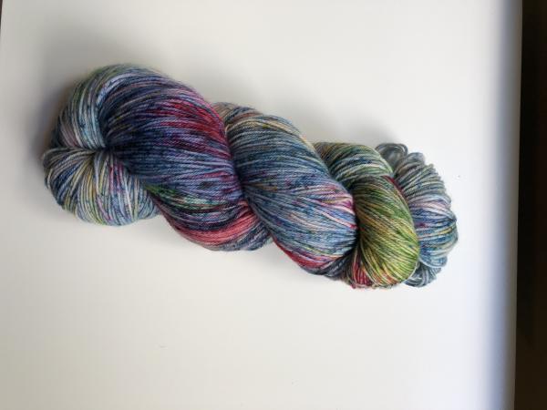 Hand Dyed Superwash  Merino Sock yarn, blue, red, purple, green, yellow with speckles. Ready to ship