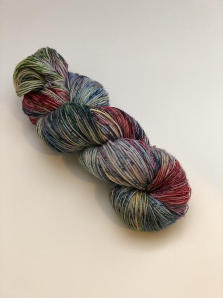 Hand Dyed Superwash  Merino Sock yarn, blue, red, purple, green, yellow with speckles. Ready to ship picture