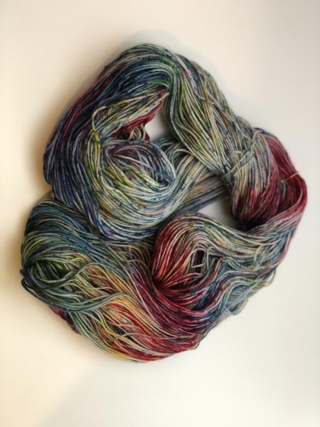 Hand Dyed Superwash  Merino Sock yarn, blue, red, purple, green, yellow with speckles. Ready to ship picture